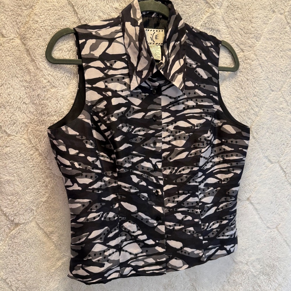 Y2K 100% Silk Zebra Print Collared  Sleeveless Blouse Beaded Button Front Sz M